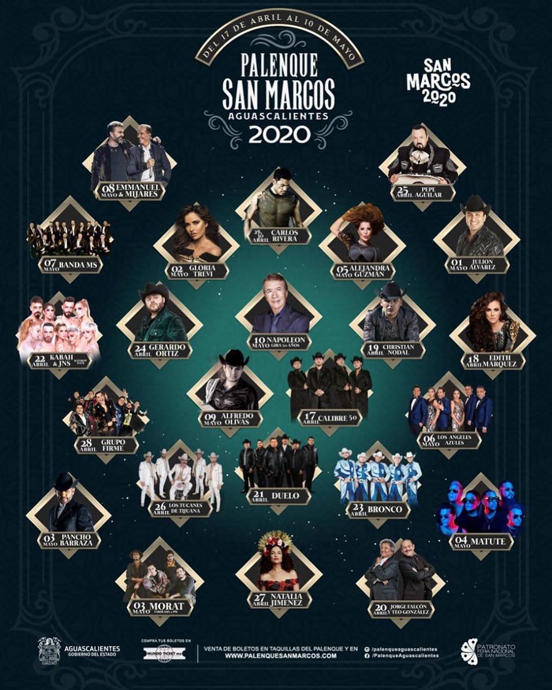 Del 17 de abril al 10 de mayo, figuras de la música se darán cita en el Palenque de la Feria Nacional de San Marcos 2020, de Aguascalientes. Conoce el cartel: