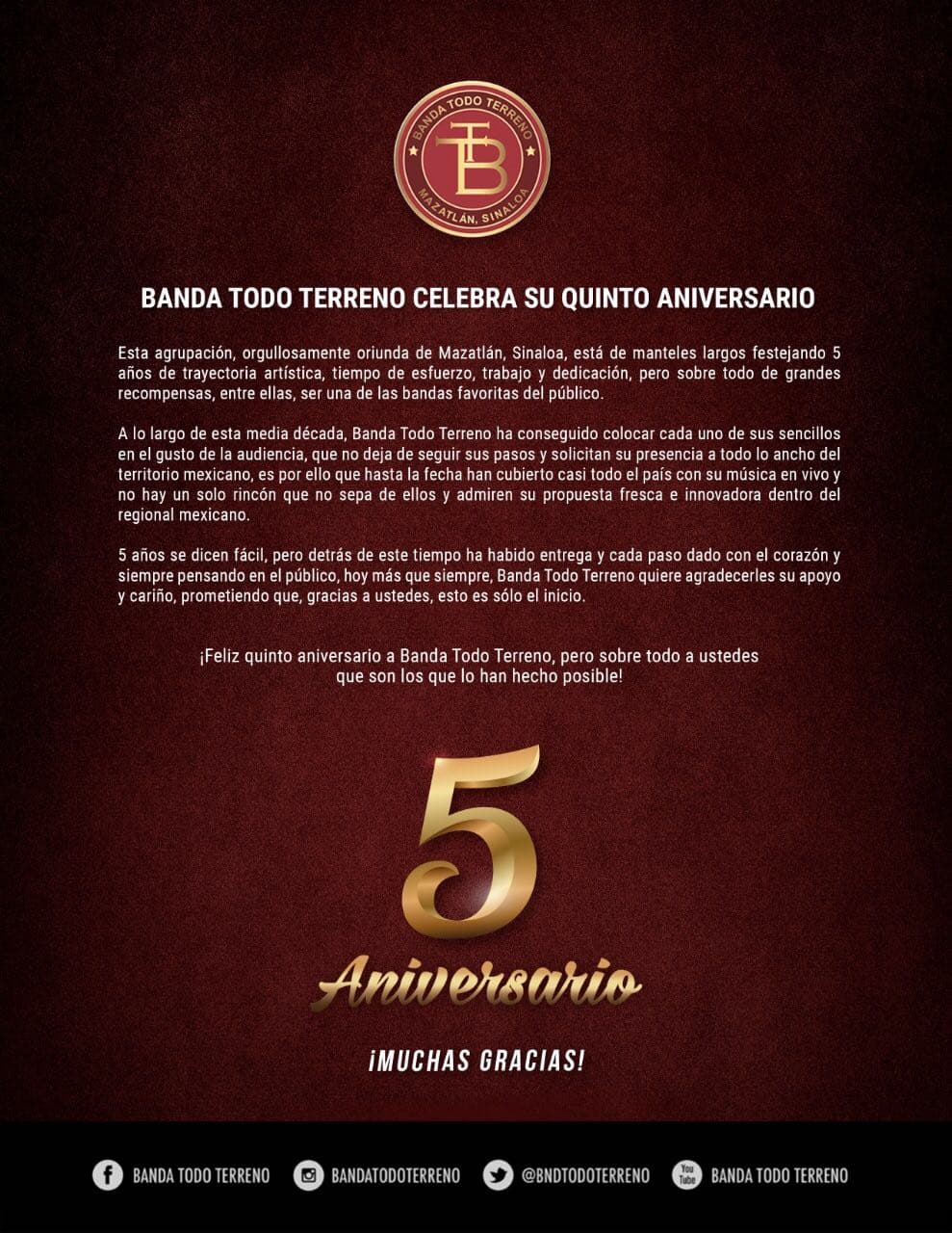 Banda Todo Terreno agradeció a sus fans por alcanzar cinco años de trayectoria.