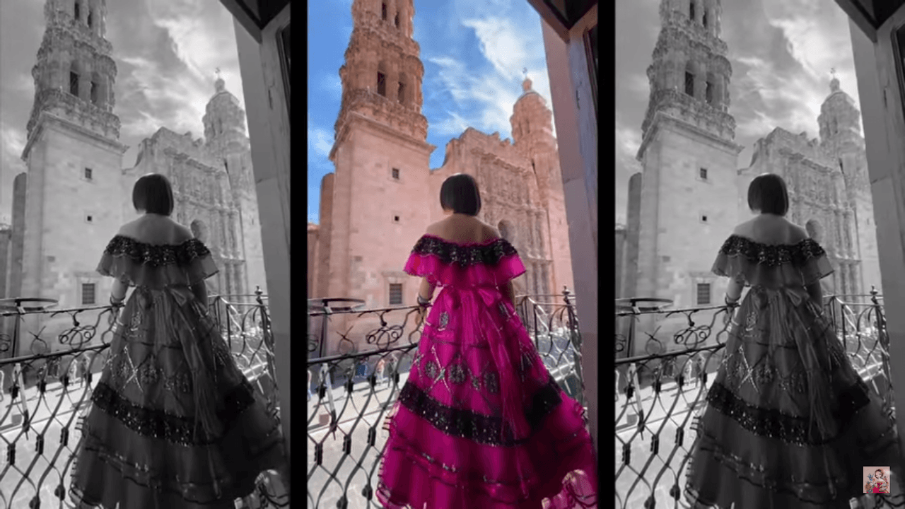 "Traigo un vestido que era de mi abuelita Flor, que me regaló, y me puse para un palenque en León un día, y luego dije bueno me lo voy a poner otra vez, sólo que me queda un poco grande, así que traigo un rebozo como cinturón", aseguró Ángela en su vlog.