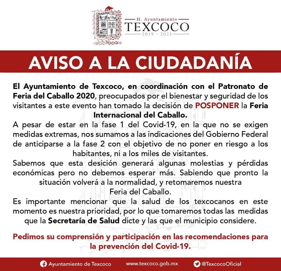 Una vez que haya pasado la contingencia establecida por las autoridades se darán a conocer las fechas en las que se realizará la Feria de Texcoco.