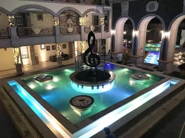 Lo más distintivo del hotel son la alberca en forma de guitarra y la fuente con una nota musical, lo que denota el amor que tiene Marco Antonio Solís hacia la música.