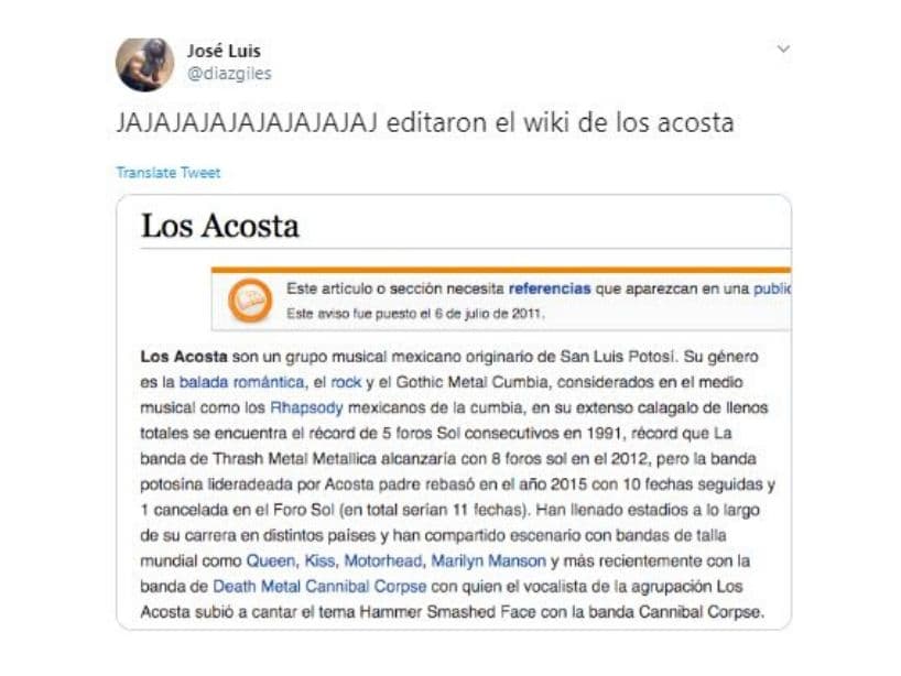 Incluso, las burlas llegaron hasta Wikipedia, donde el perfil de la agrupación fue editada y mencionaron que “su género es la balada romántica, rock y el Gothic Metal Cumbia.