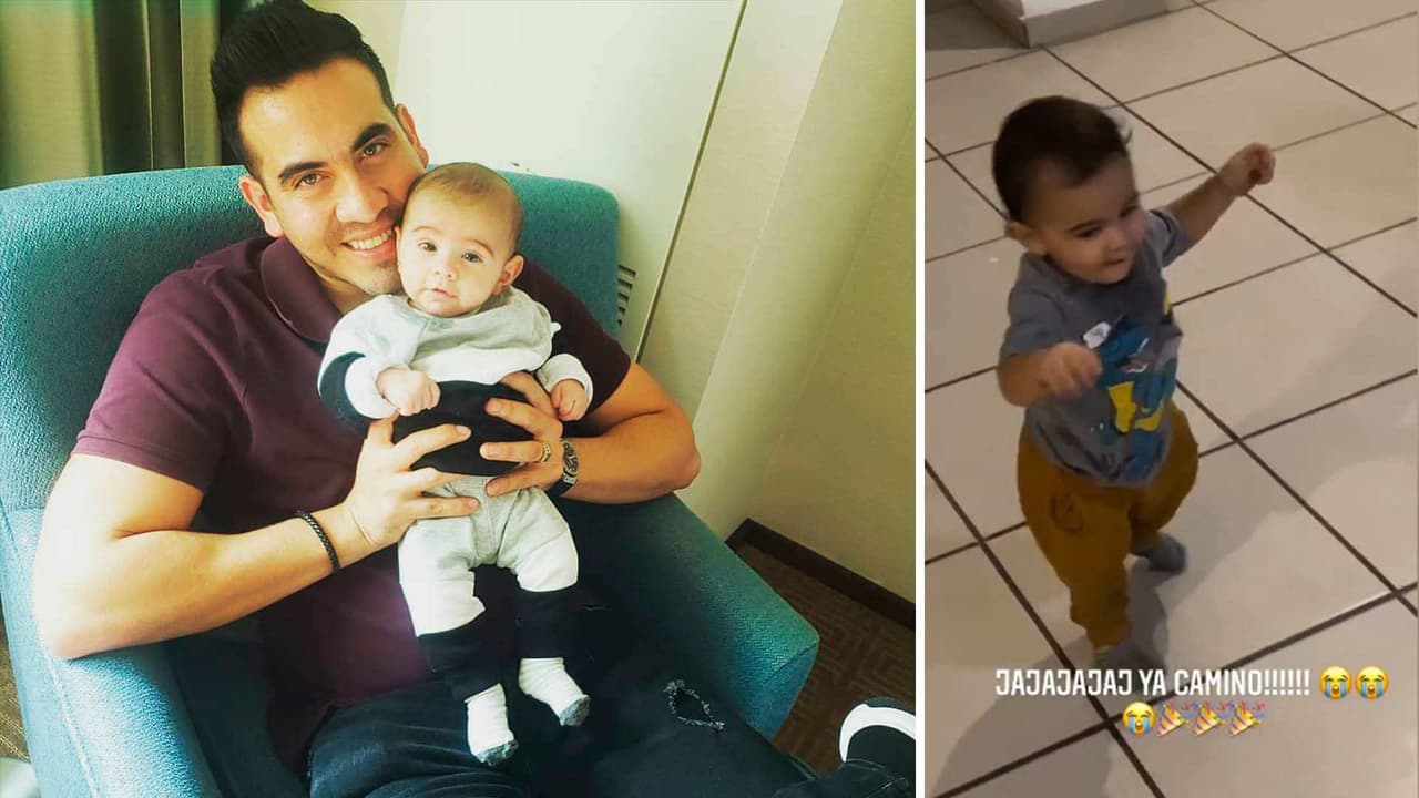 Armando Ramos, de Calibre 50, pega un grito de felicidad al ver que su hijo ya camina solito