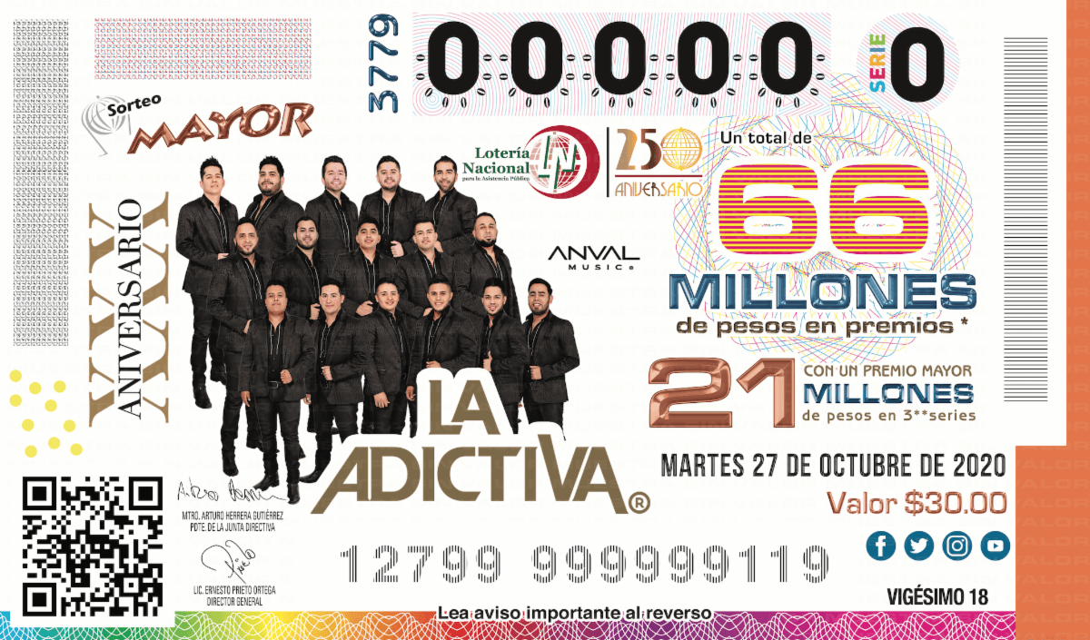 El sorteo 3779, en el que la Lotería celebra el 30 aniversario de La Adictiva, se llevará a cabo el próximo 27 de octubre.