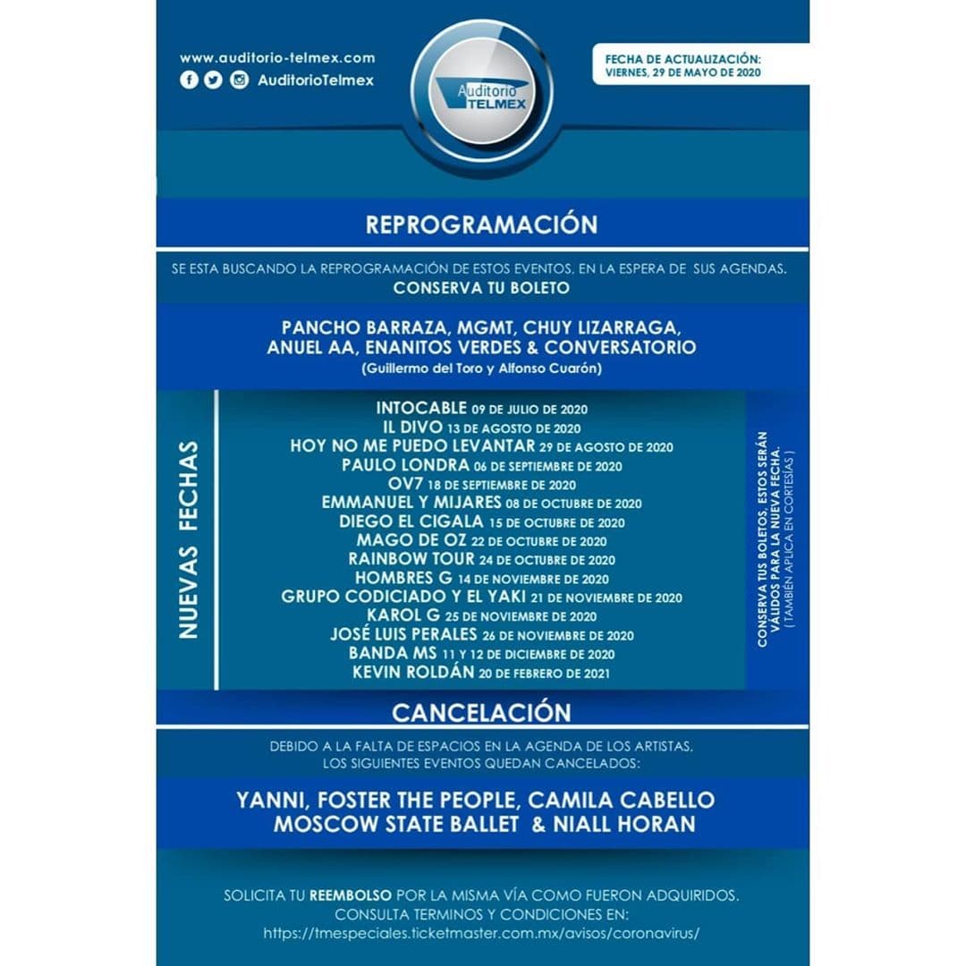 Fechas de reprogramación del Auditorio Telmex